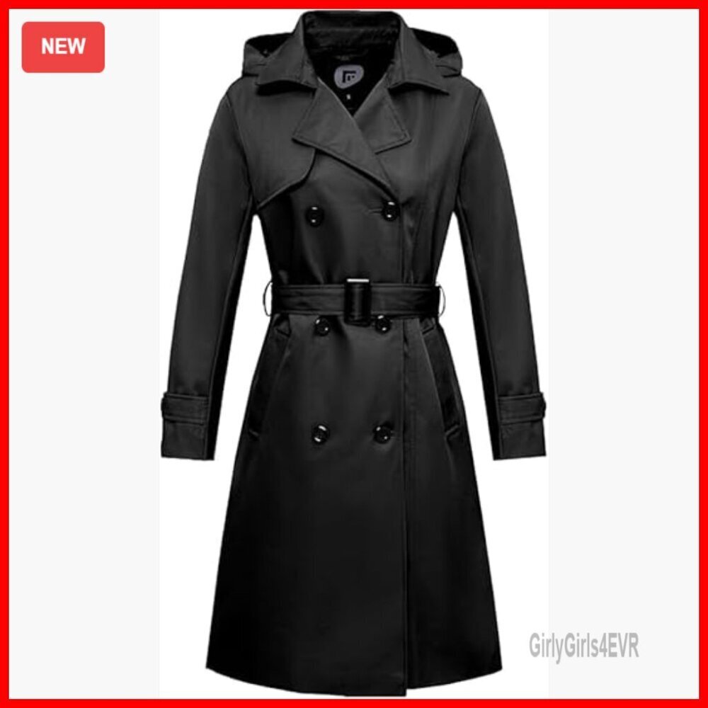 Waterproof Trench Coat with Detachable Hood, Double Breasted, Belted